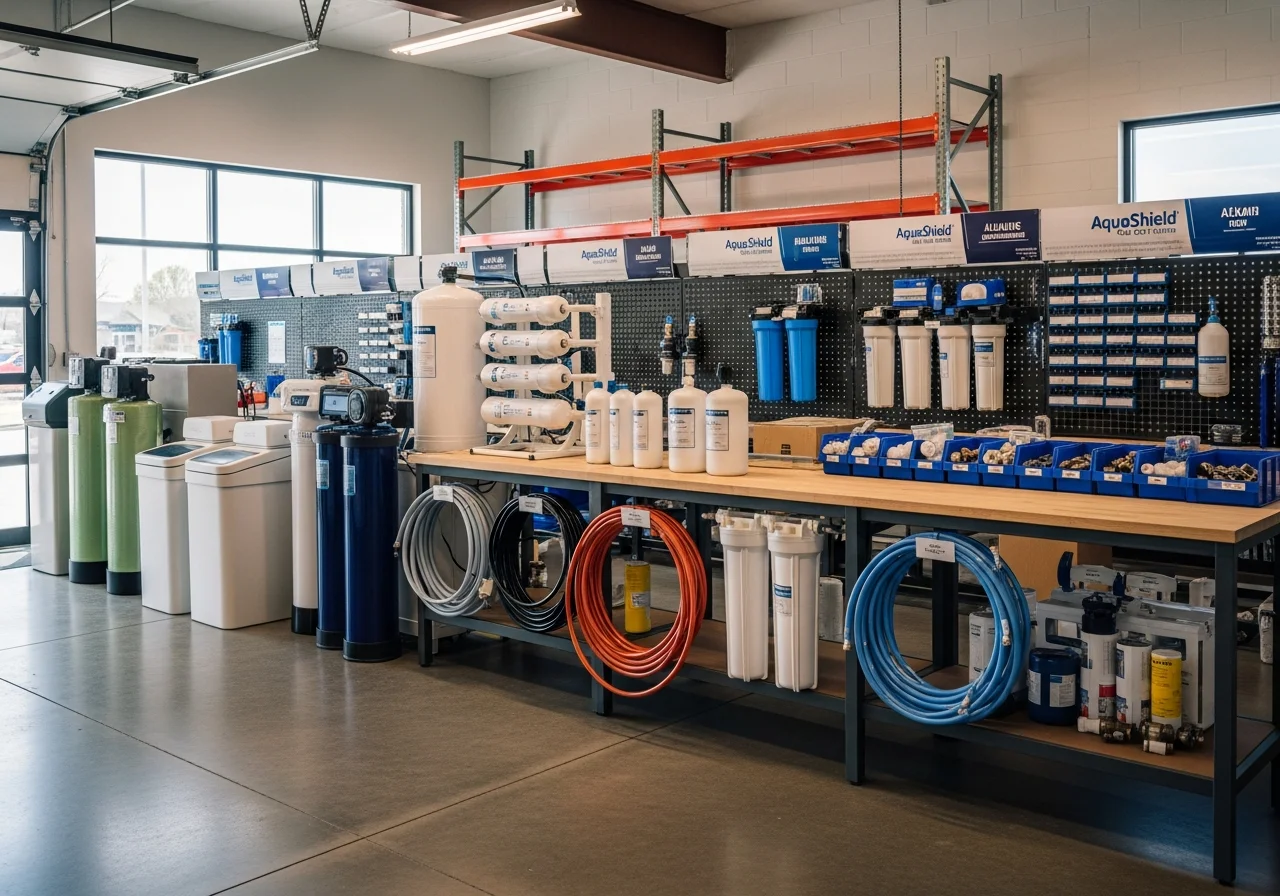 Water treatment equipment and filtration systems on display in a professional installation shop setting.