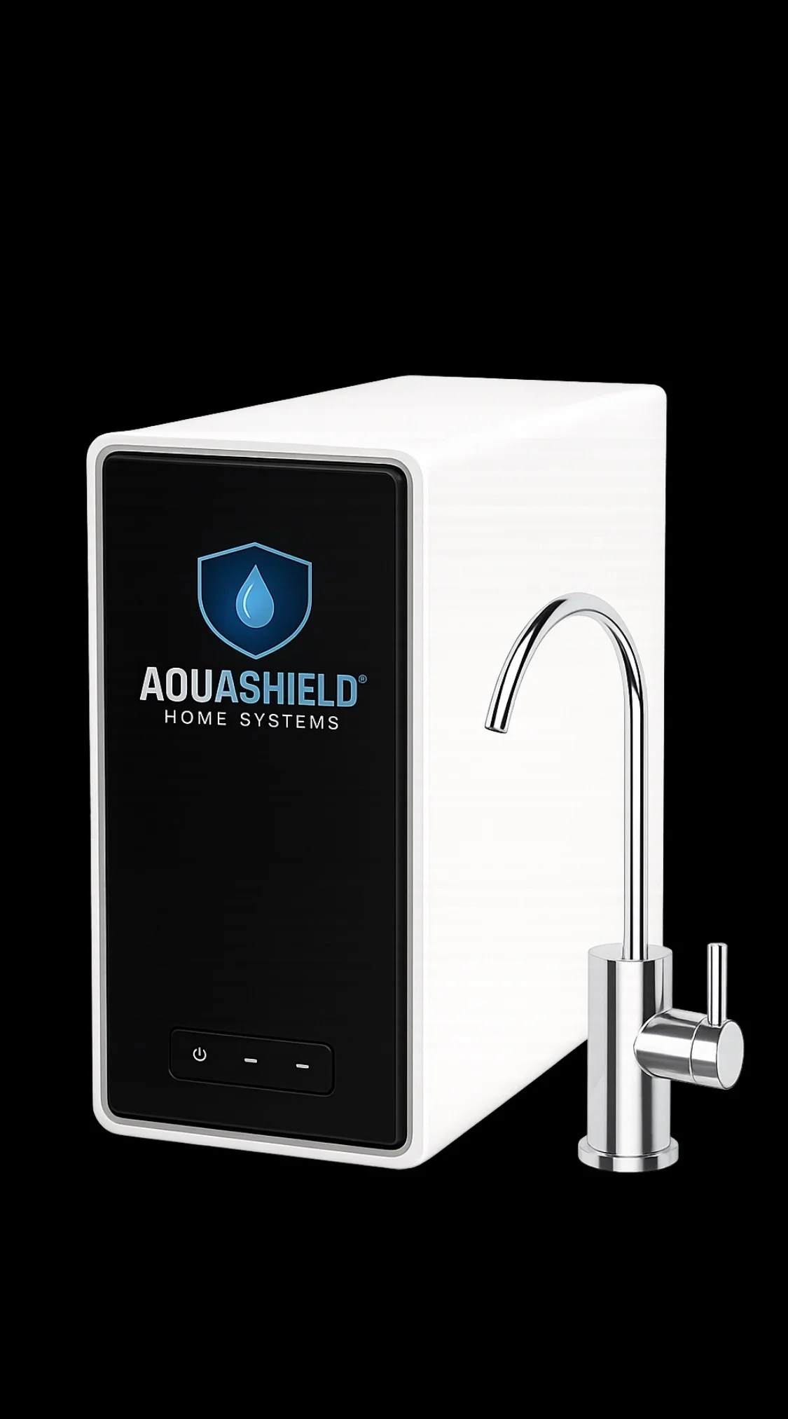 AquaShield water filtration system with white housing and chrome faucet dispenser AquaShield water filtration system with white housing and chrome faucet dispenser