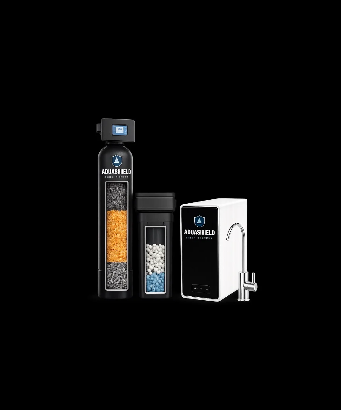 AquaShield water softener, filter tank, and chrome faucet system components