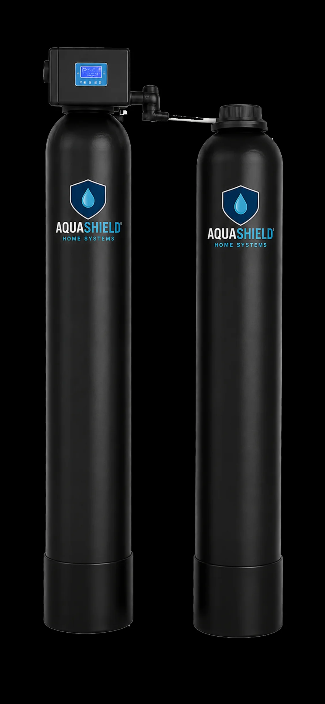 Dual black water filtration tanks with digital control valve and blue LCD display Dual black water filtration tanks with digital control valve and blue LCD display