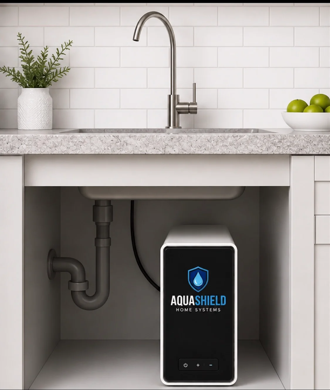 Under-sink water filtration system installed in modern kitchen with white subway tiles Under-sink water filtration system installed in modern kitchen with white subway tiles