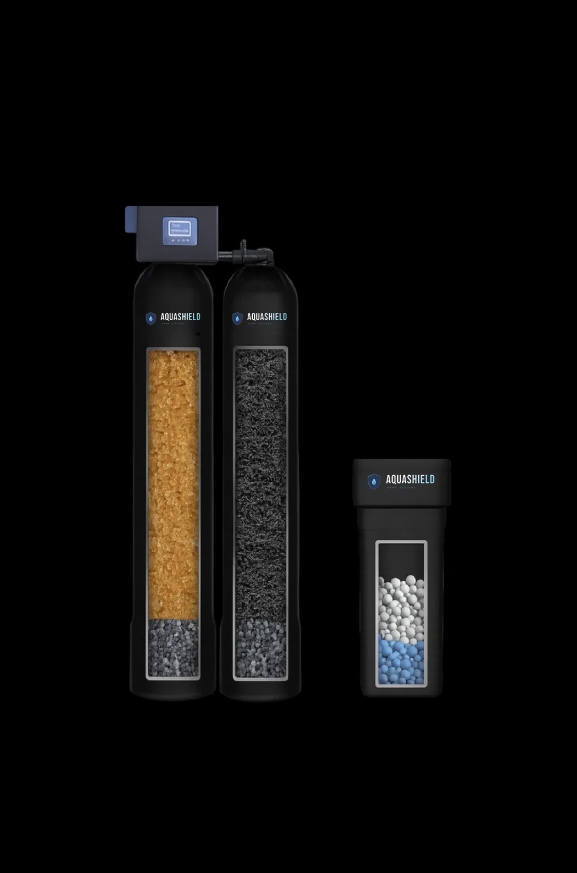 AquaShield dual-tank water filtration system with digital controls