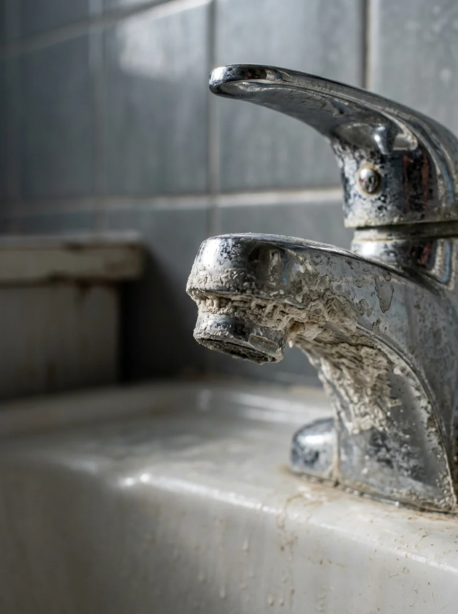 Close-up of white mineral scale buildup on bathroom faucet and fixtures, demonstrating hard water damage common in Aurora homes