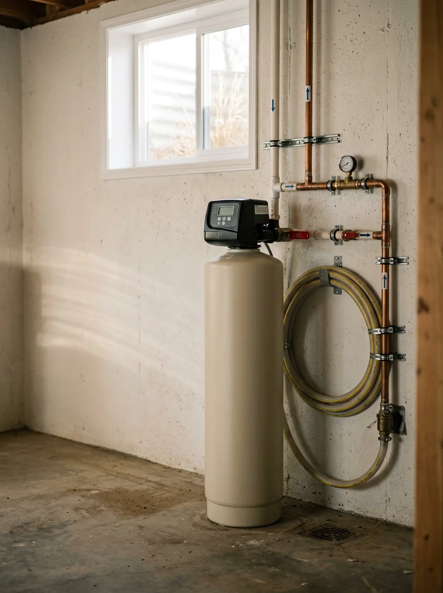 Water softener system installation in Brighton basement with plumbing connections