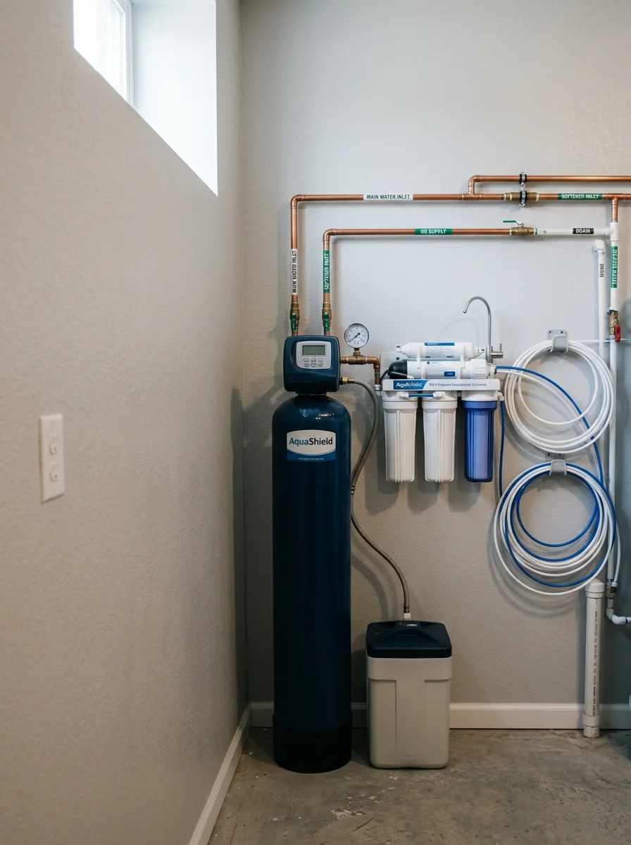 AquaShield water softener and reverse osmosis system installation in a Castle Rock home's utility room