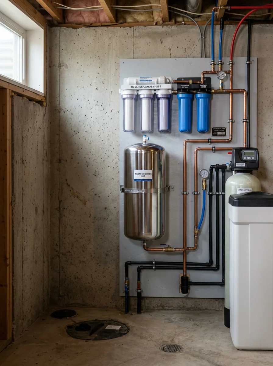 Water softener and filtration system installation in Centennial home basement, showing reverse osmosis tank and mineral removal equipment