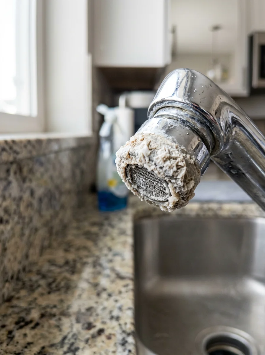 Close-up of mineral scale buildup on a faucet aerator, showing the effects of Denver's hard water on household fixtures