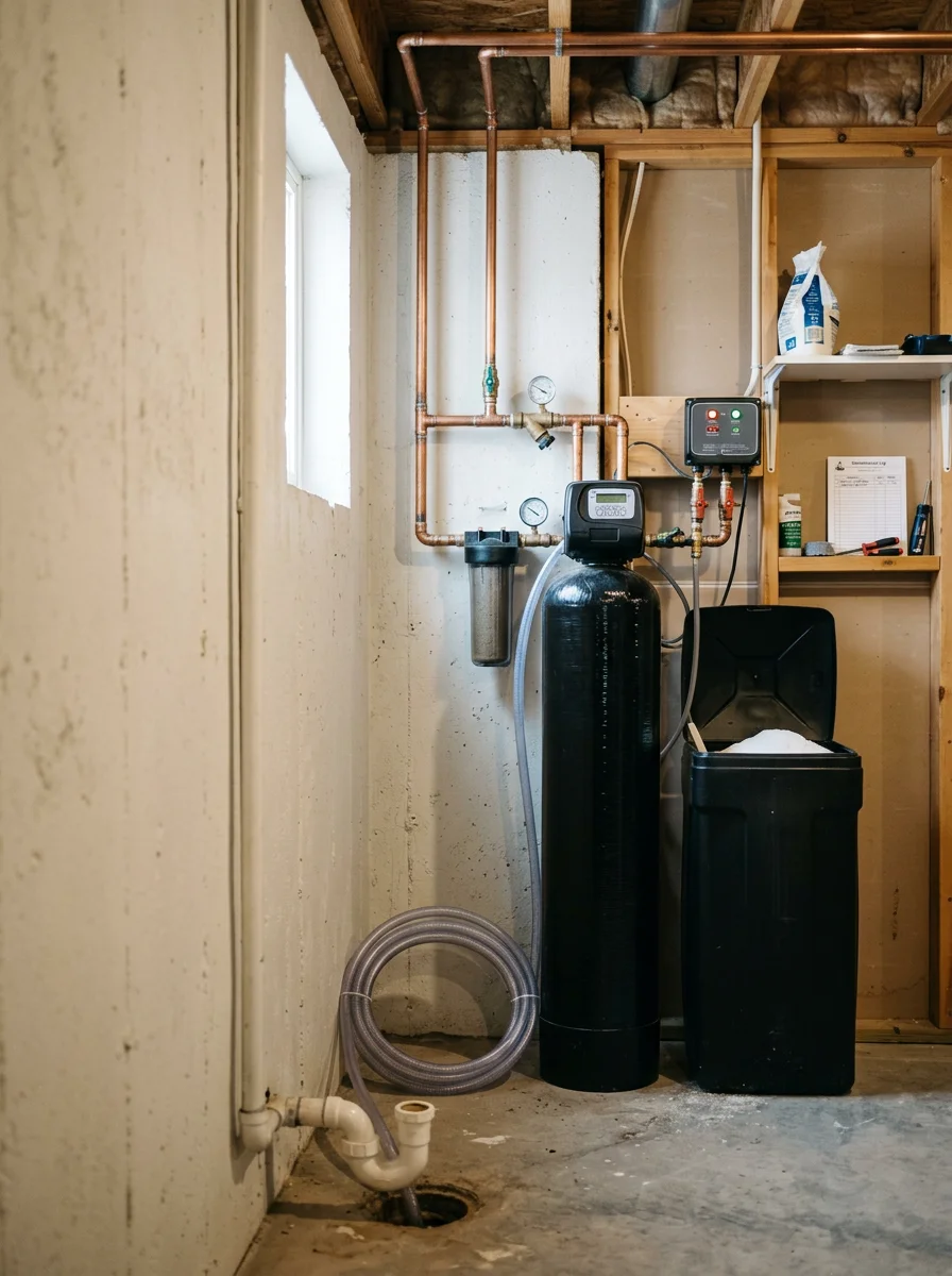 Water softener system installation in Parker basement protecting whole-home plumbing from mineral scale