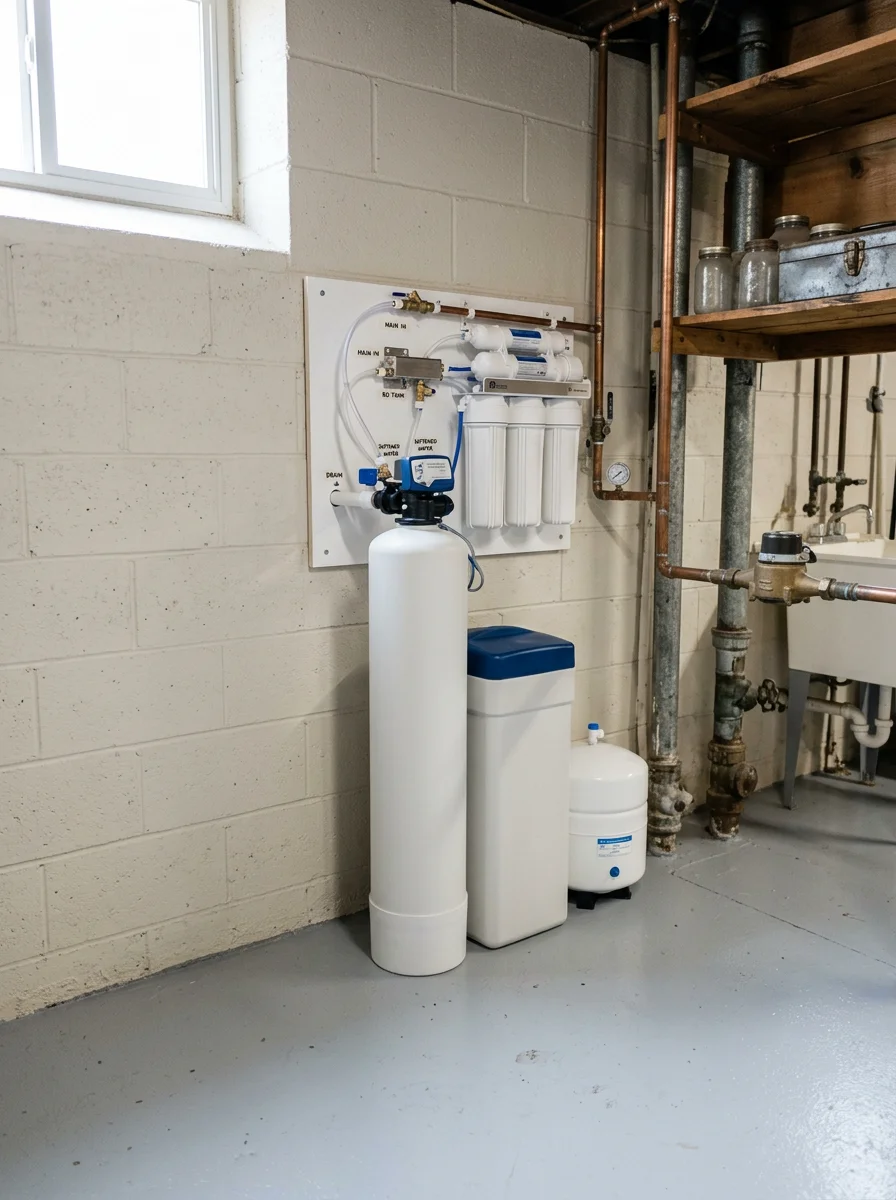Water softener and reverse osmosis system installation in a Thornton postwar home's utility area