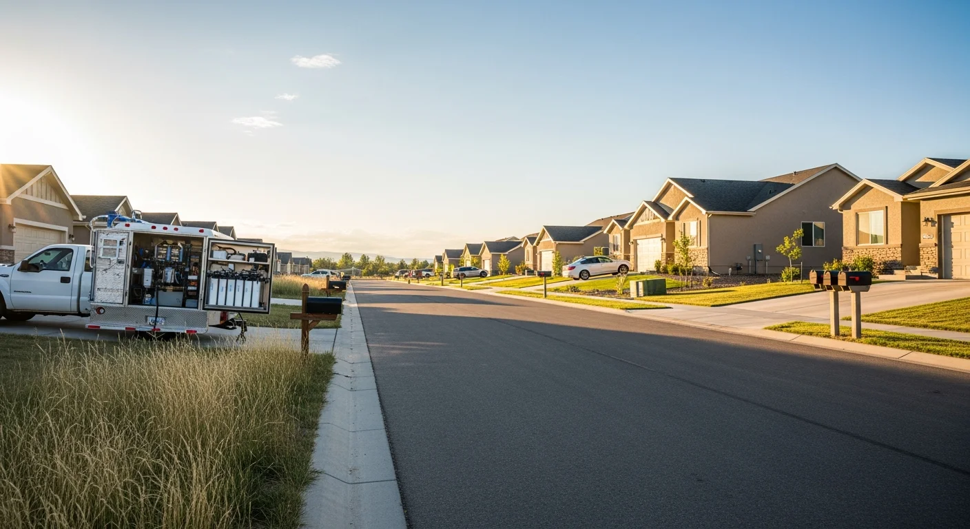 Wide view of Wellington, Colorado residential street with newer homes and open sky typical of northern Weld County.