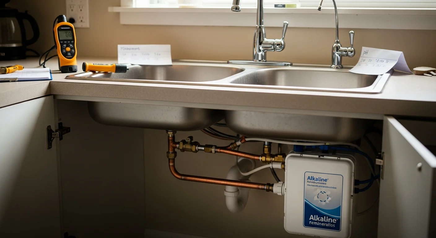 An alkaline remineralization water filtration system installed under a kitchen sink in a Wellington home, with multi-stage filter housings connected to a cold water line and a dedicated drinking water faucet mounted on the countertop.