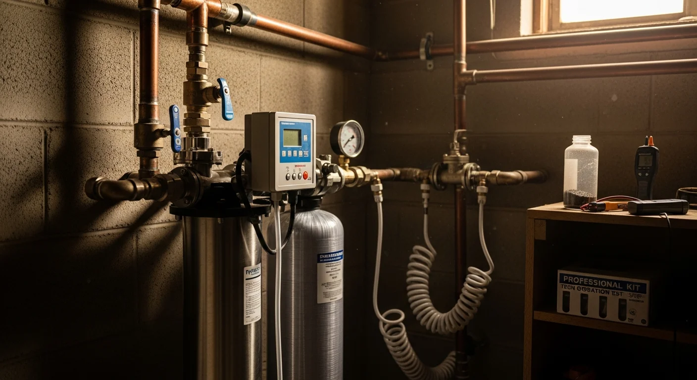 A whole-house iron and sulfur removal filtration tank installed at the main water line inside a Wellington, Florida home. The system shows a single-tank air injection setup with a digital control valve and bypass connections.