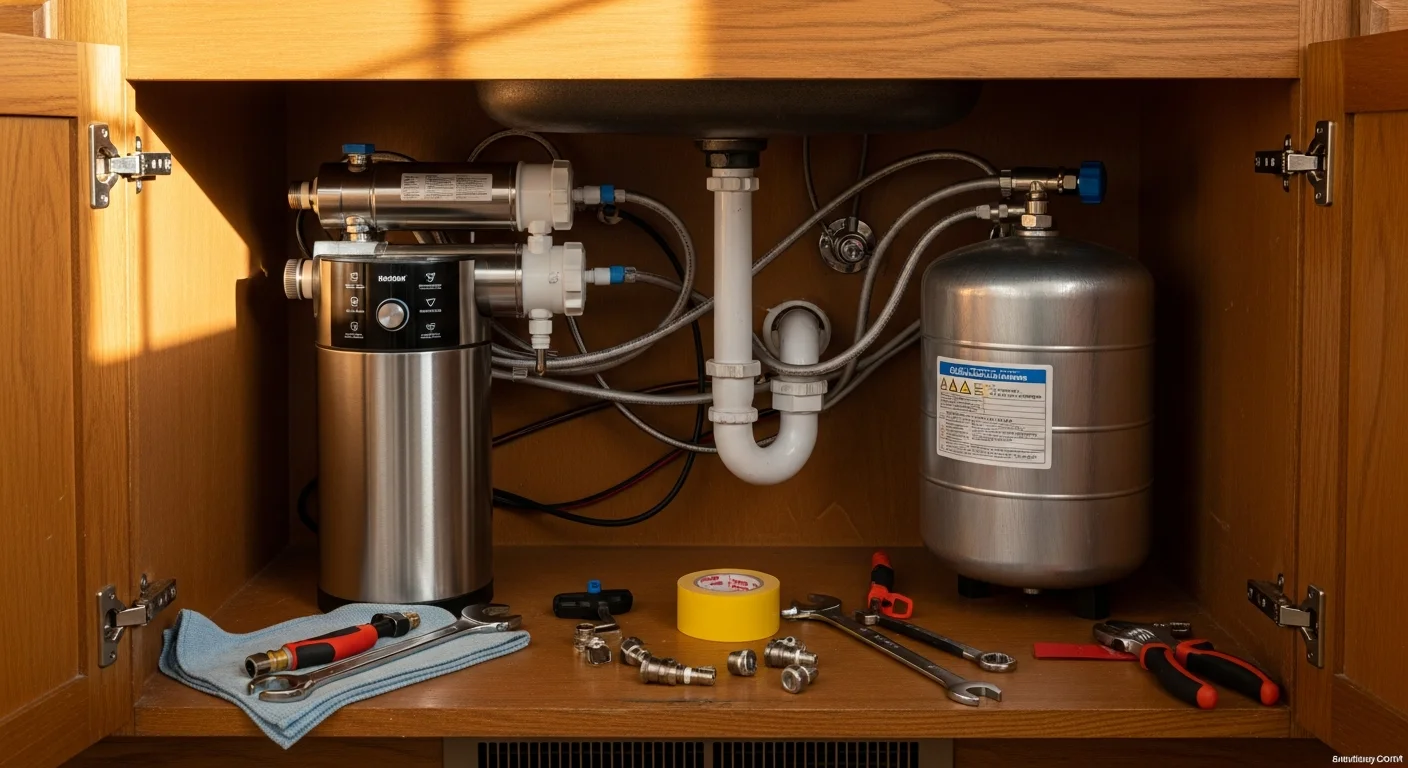 A stainless-steel reverse osmosis faucet mounted on a kitchen sink countertop in a Wellington home, with a filter housing and storage tank installed neatly inside the under-sink cabinet below.