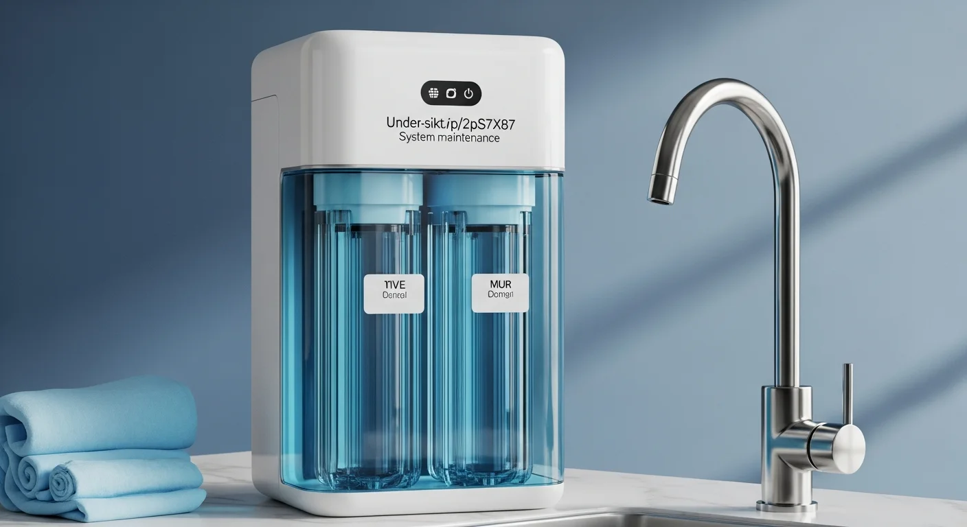 An AquaShield technician inspecting an under-sink water filtration system in a Wellington home, with filter housings open and cartridges laid out for assessment. The image shows a residential kitchen setting with the cabinet door open and service tools on the floor.
