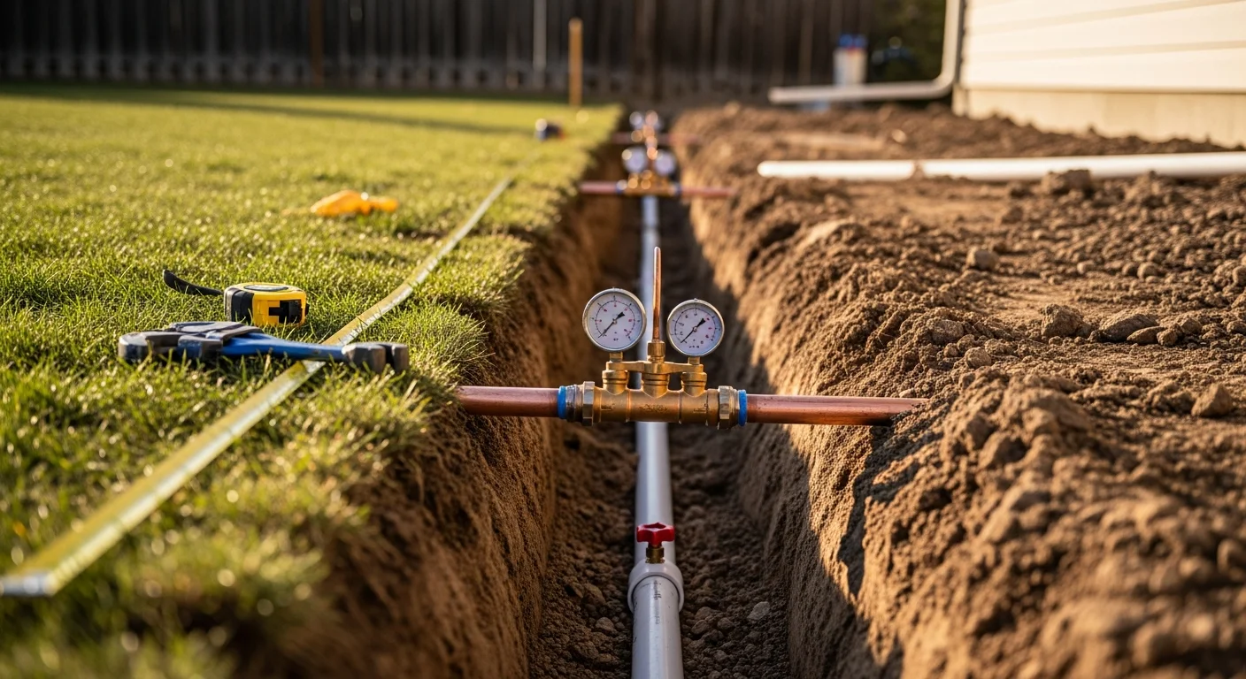 A licensed plumber laying a new water supply pipe in an open trench alongside a residential property in Wellington, with compacted backfill and pipe bedding visible. The surrounding lawn and concrete path remain intact next to the work area.