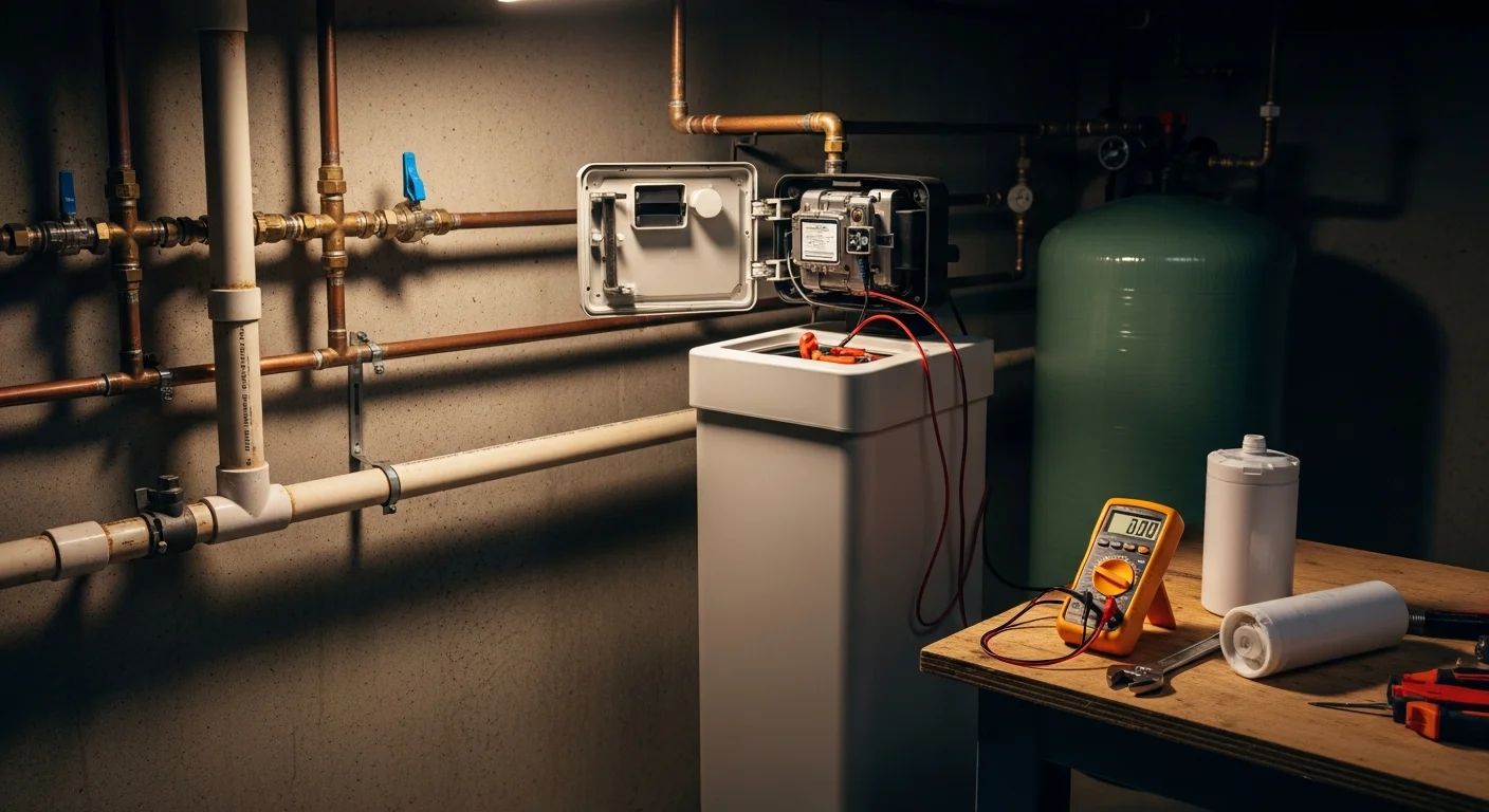 A water softener unit installed in a Wellington home utility area, with a technician inspecting the brine tank and control valve. Close-up shows mineral scale residue on the valve housing, indicating a system in need of repair.