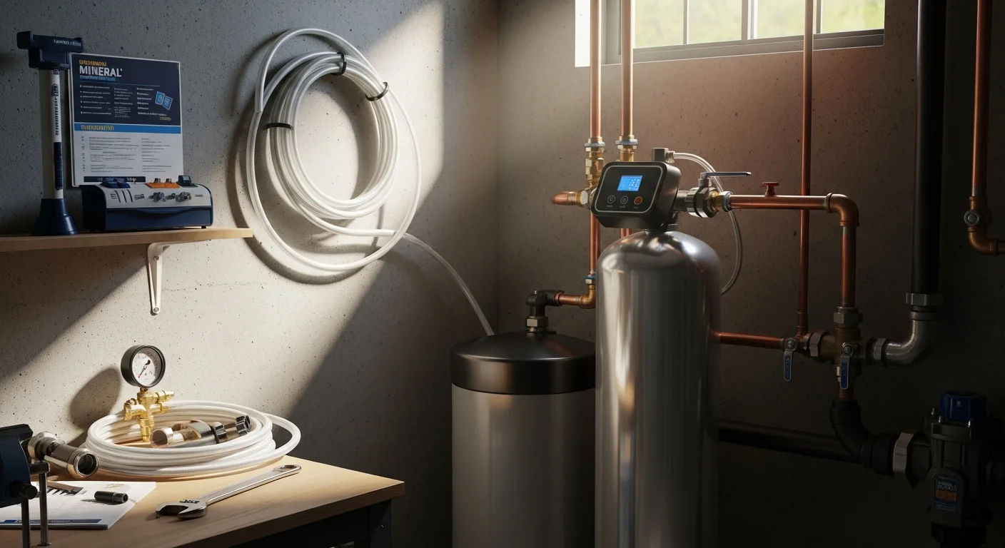 A newly installed whole-home water softener system fitted at the main water entry point inside a Wellington residential property. The unit is mounted against an interior wall beside existing plumbing pipework, with clear inlet and outlet connections visible.