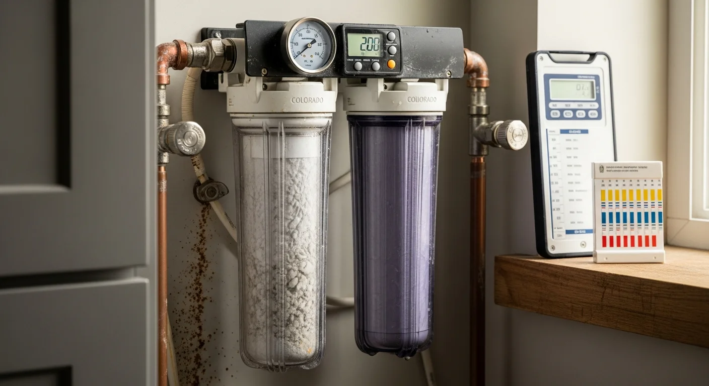 AquaShield Home Systems technician inspecting a residential water filtration unit inside a Wellington home. The technician checks filter connections and pressure gauges during a routine water system inspection.