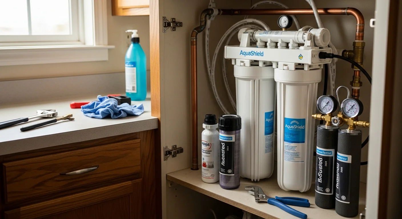 A Wellington home utility area showing a newly installed whole-home water filtration and supply upgrade, with clean pipework, updated filter housings, and secure connections replacing an older corroded system.