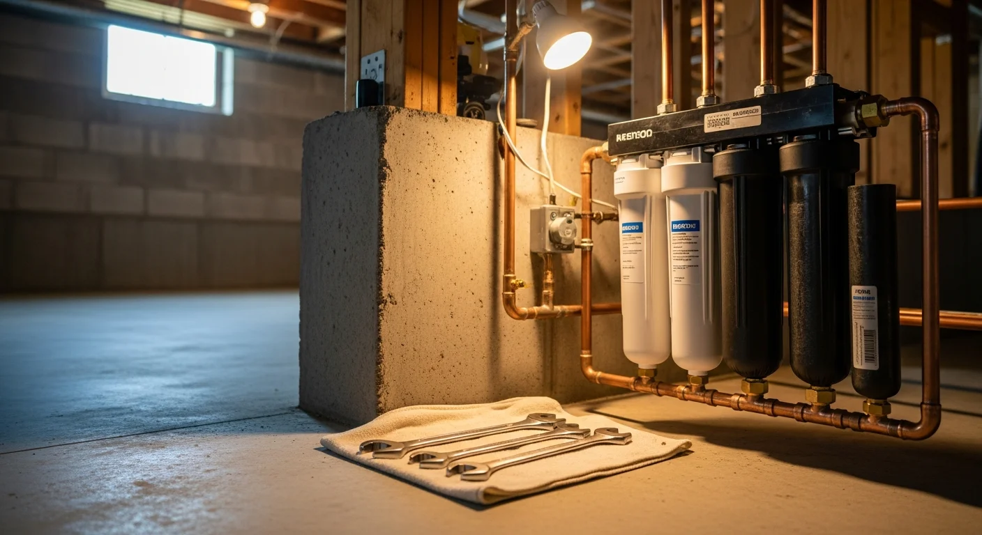 A whole home water filter unit installed on the main water supply line inside a Wellington residential home. The filter housing is mounted on exposed pipework near the water entry point, with clear inlet and outlet connections visible.
